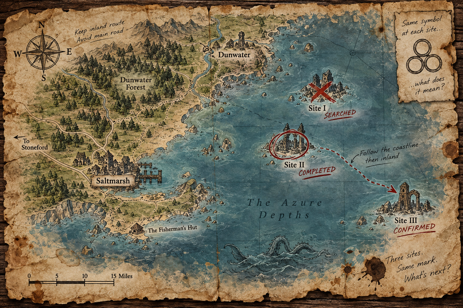Player expedition map of the Saltmarsh coast, showing Saltmarsh, Dunwater, Site I searched, Site II completed, and a route toward Site III confirmed.